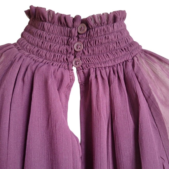 NWT! Joie Sheer Smocked Mock Neck Blouse Burgundy Long Sleeve Boho Top Sz Large - Picture 7 of 9